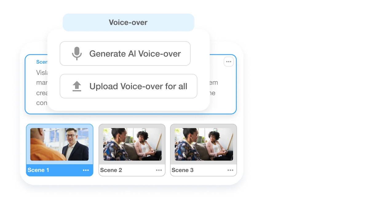 Add voiceover or upload new voiceovers for specific scenes with AI-powered tools, allowing easy fine-tuning of your video's audio.